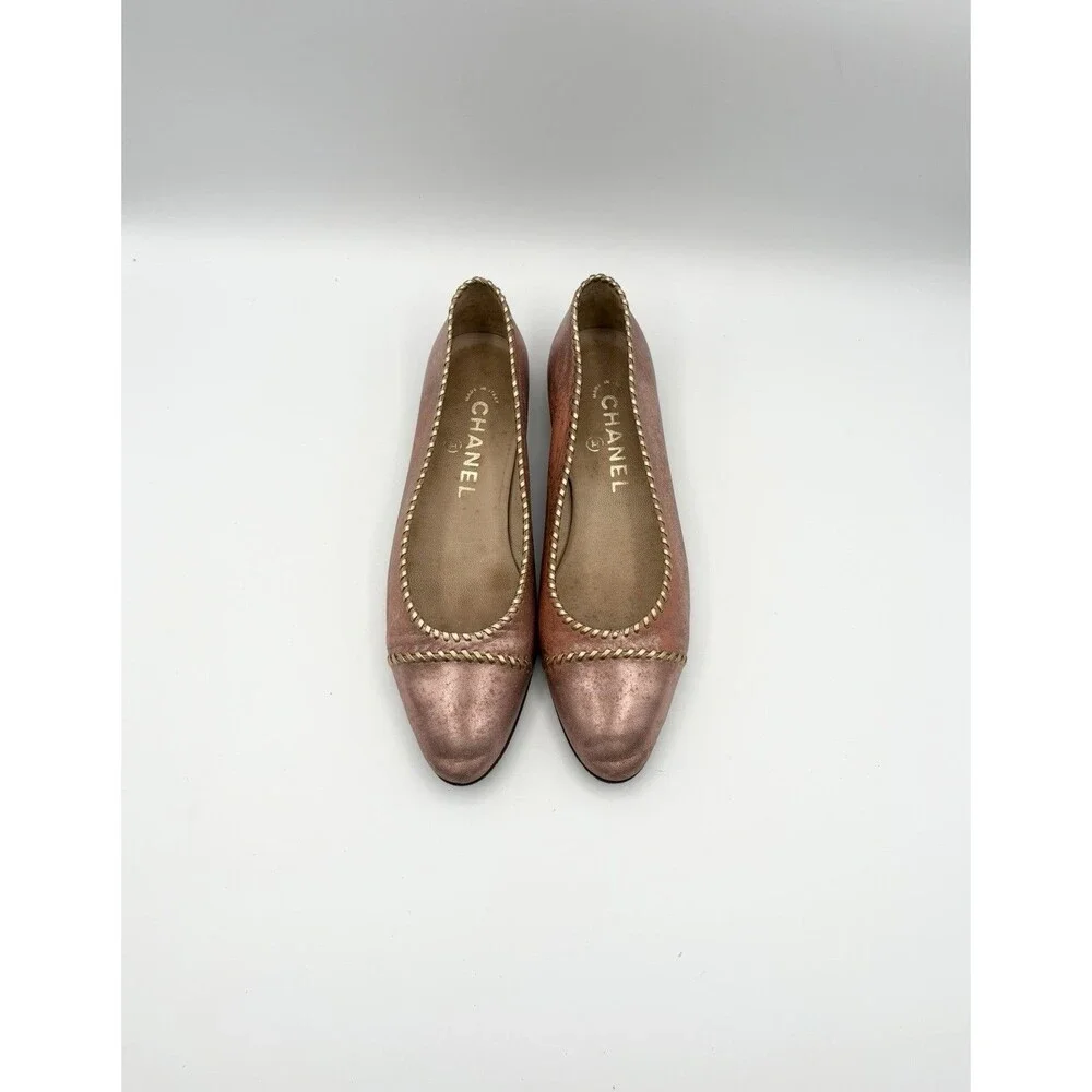 Chanel Pink Metallic Leather Ballet Flats w/ Gold Whipstitch Accent Size EU 36.5